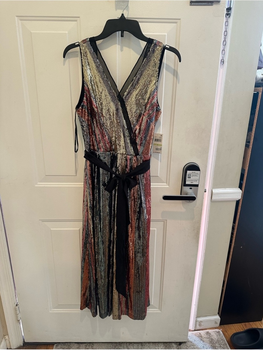 julia jordan Metallic Multicolor Striped Midi Dress with Black Belt